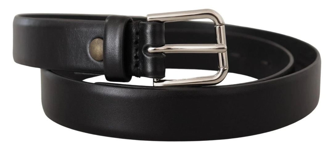 Dolce &amp; Gabbana Black Calf Leather Silver Tone Logo Buckle Belt