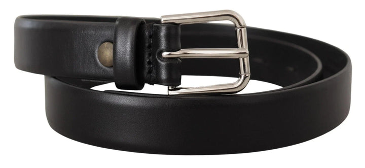 Dolce &amp; Gabbana Black Calf Leather Silver Tone Logo Buckle Belt