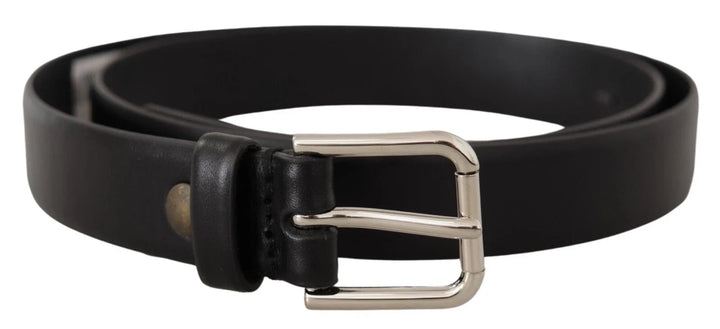 Dolce &amp; Gabbana Black Calf Leather Silver Tone Logo Buckle Belt