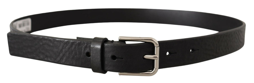 Dolce &amp; Gabbana Black Calf Leather Silver Tone Logo Metal Buckle Belt
