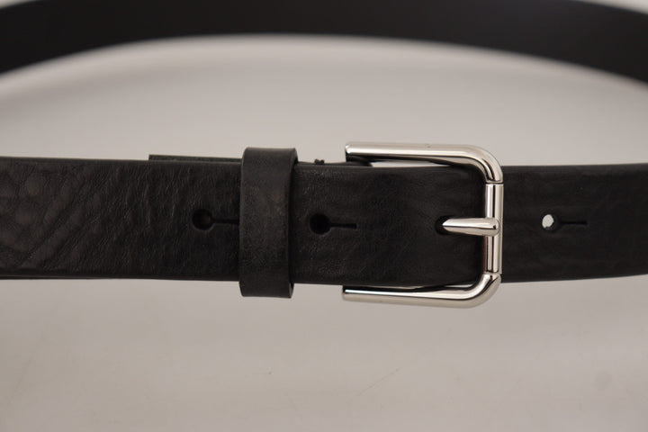 Dolce &amp; Gabbana Black Calf Leather Silver Tone Logo Metal Buckle Belt