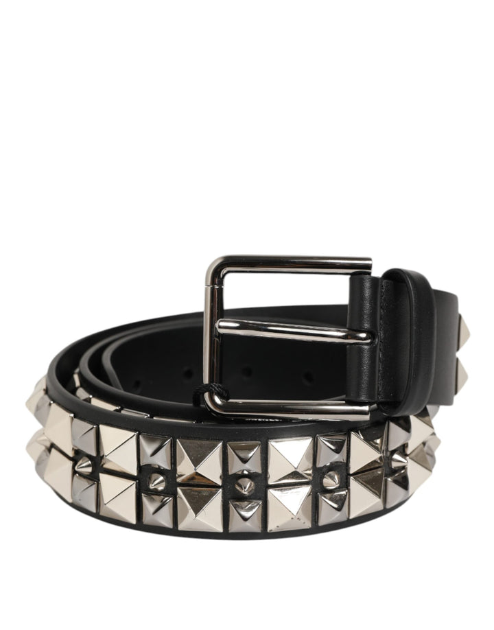 Dolce &amp; Gabbana Black Calf Leather Studded Silver Buckle Belt