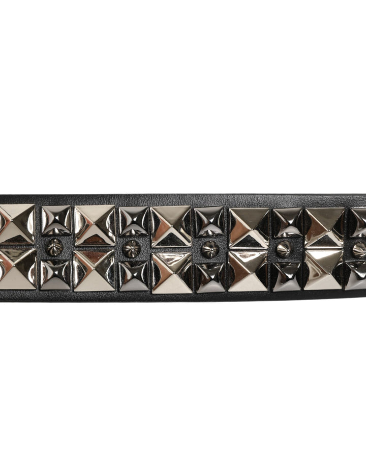 Dolce &amp; Gabbana Black Calf Leather Studded Silver Buckle Belt