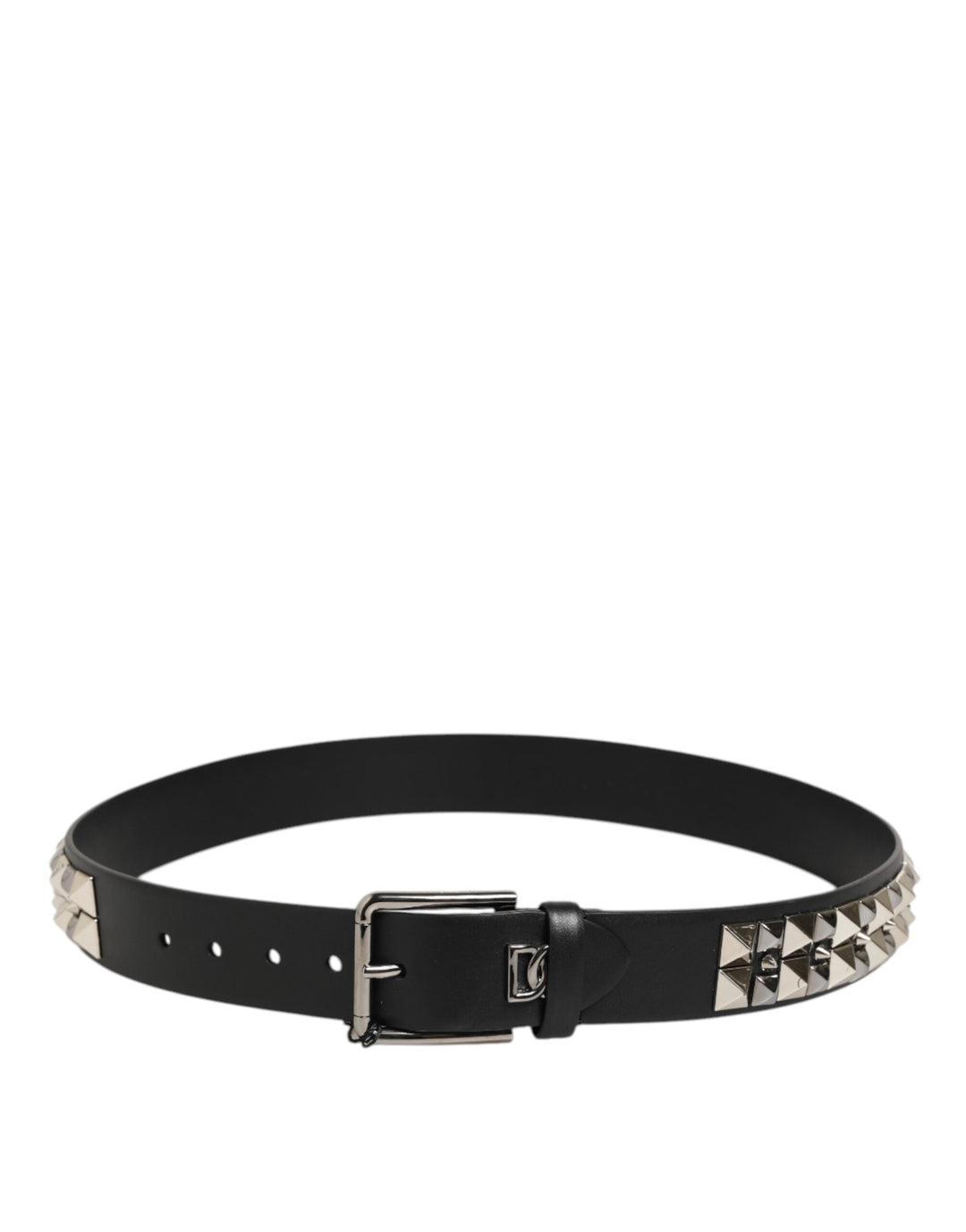 Dolce &amp; Gabbana Black Calf Leather Studded Silver Buckle Belt