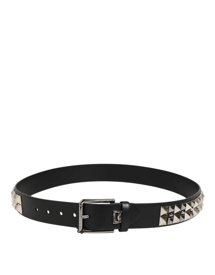 Dolce &amp; Gabbana Black Calf Leather Studded Silver Buckle Belt