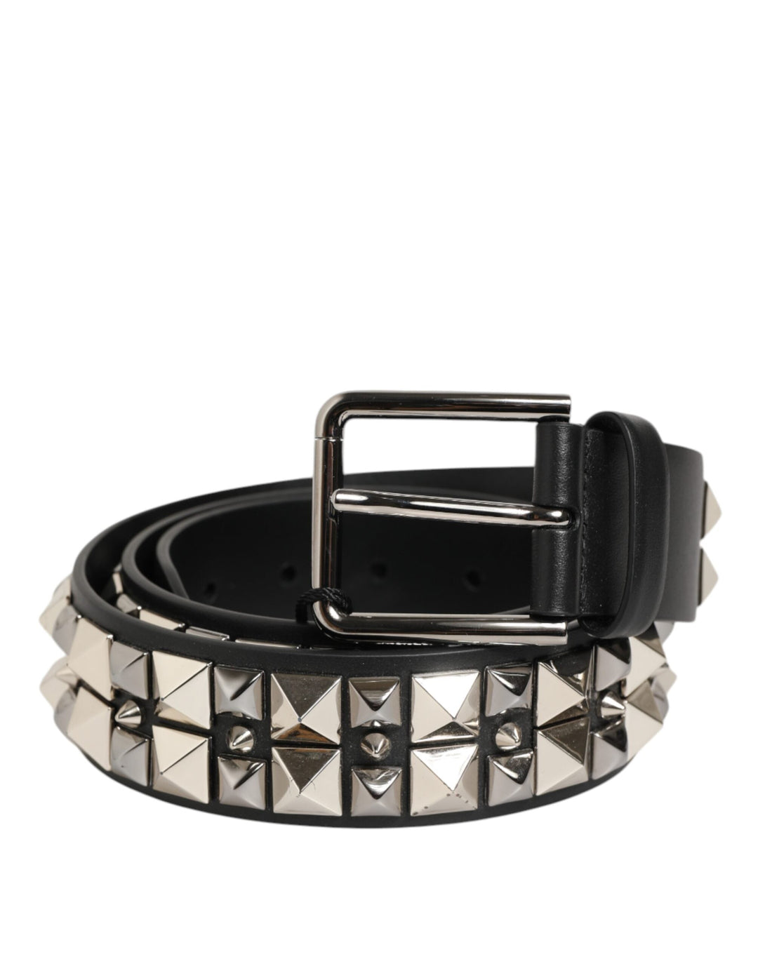 Dolce &amp; Gabbana Black Calf Leather Studded Silver Buckle Belt