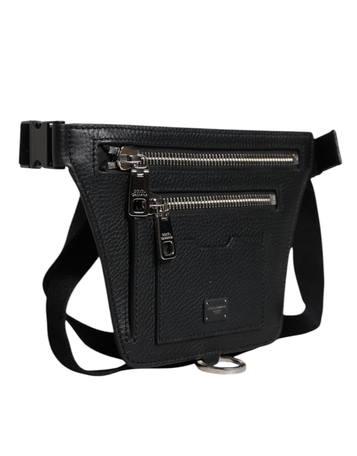 Men’s Dolce &amp; Gabbana Black Calfskin Logo Plaque Belt Waist Men Fanny Pack Bag