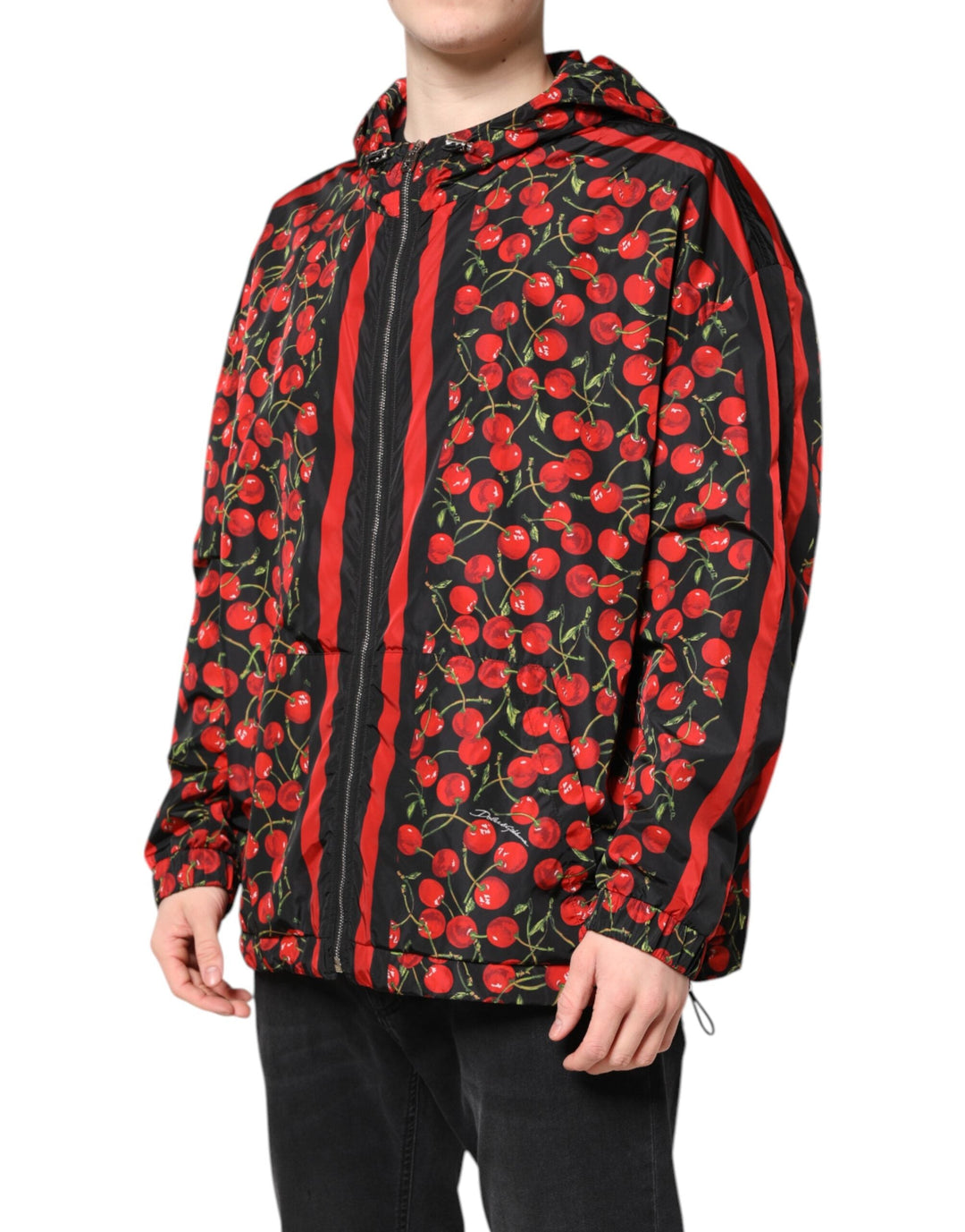 Men’s Dolce &amp; Gabbana Black Cherry Print Hooded Windbreaker Jacket