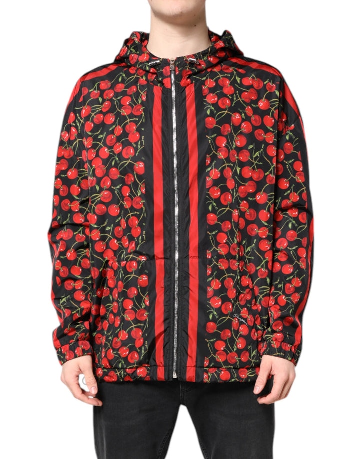 Men’s Dolce &amp; Gabbana Black Cherry Print Hooded Windbreaker Jacket