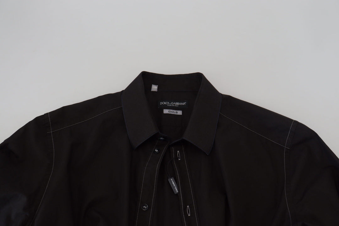 Dolce &amp; Gabbana Black Cotton Collared Long Sleeve Gold Shirt