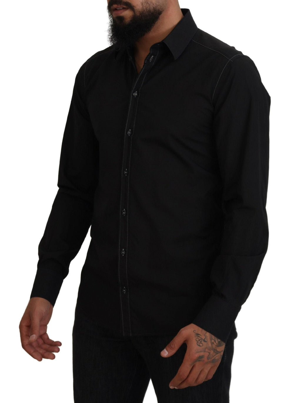 Dolce & Gabbana Black Cotton Collared Long Sleeve Gold Shirt
