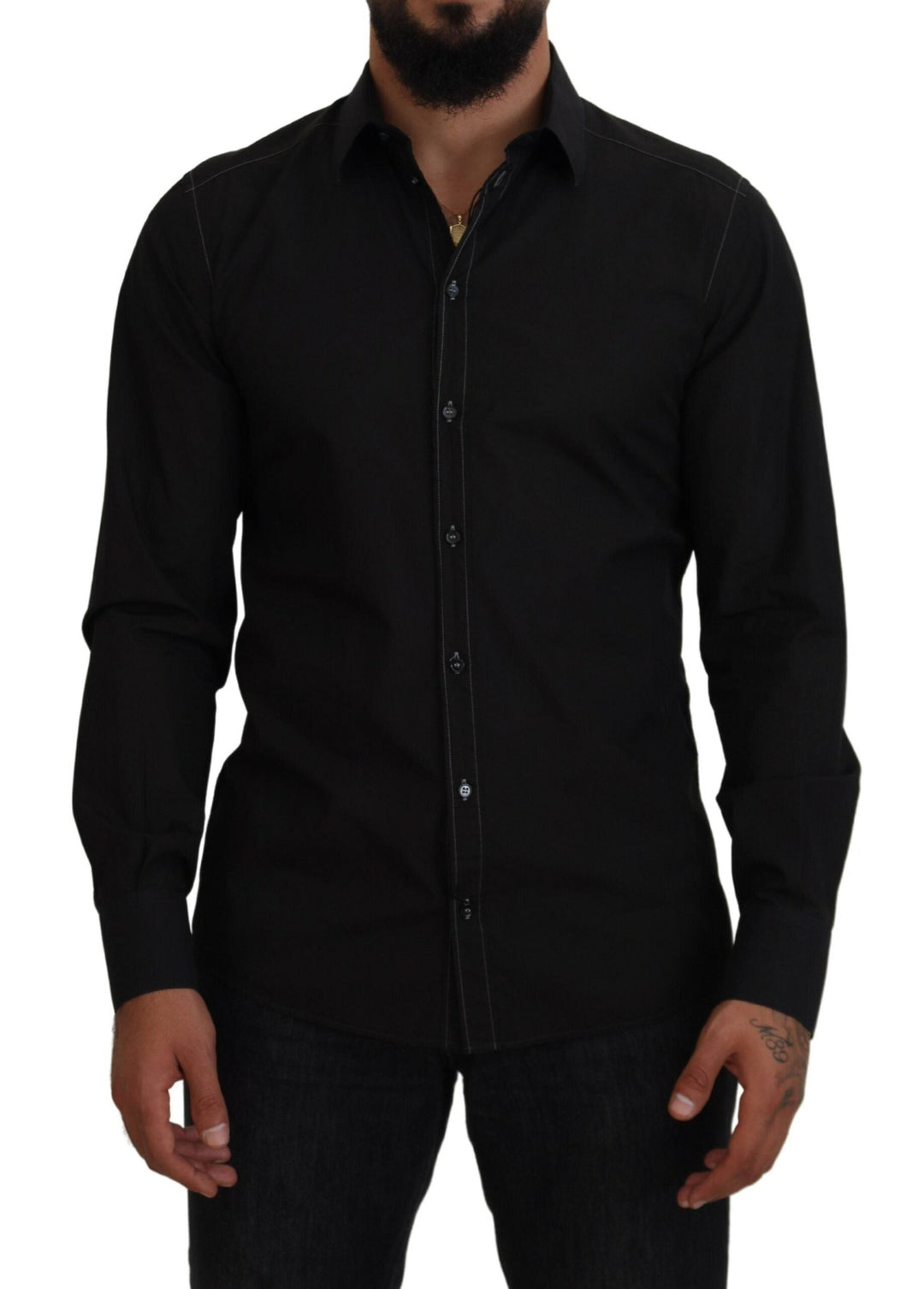 Dolce &amp; Gabbana Black Cotton Collared Long Sleeve GOLD Shirt