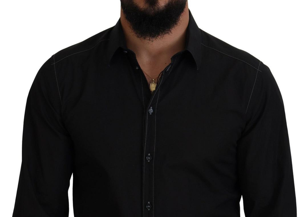 Dolce &amp; Gabbana Black Cotton Collared Long Sleeve Gold Shirt