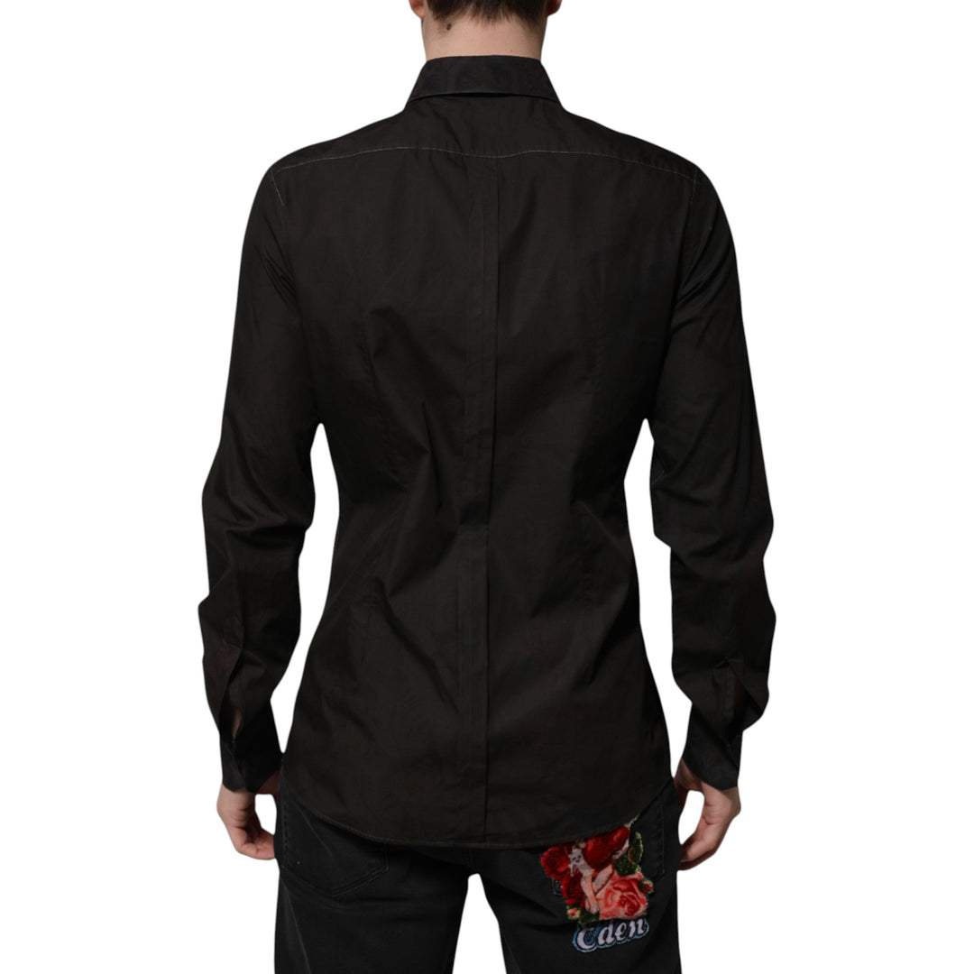 Men’s Dolce &amp; Gabbana Black Cotton Jacquard Gold Collar Dress Shirt