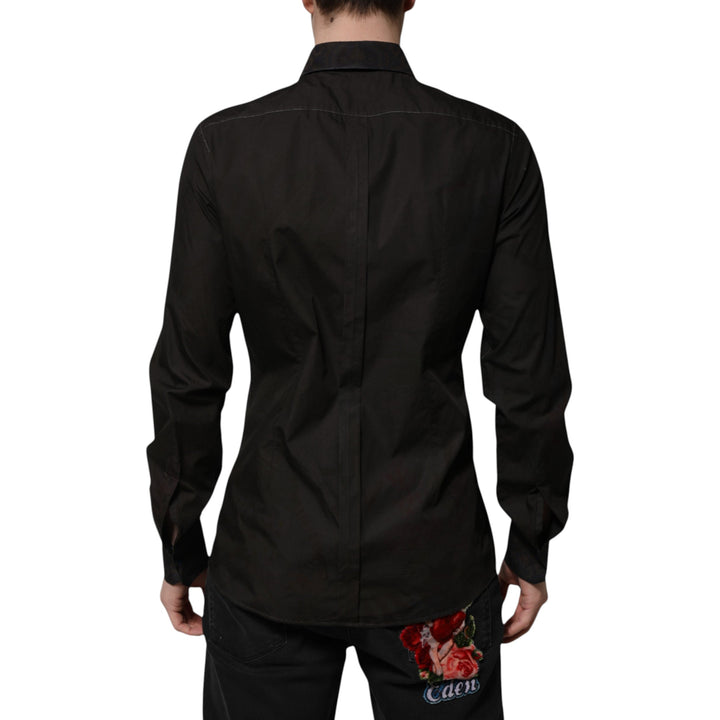 Men’s Dolce &amp; Gabbana Black Cotton Jacquard Gold Collar Dress Shirt