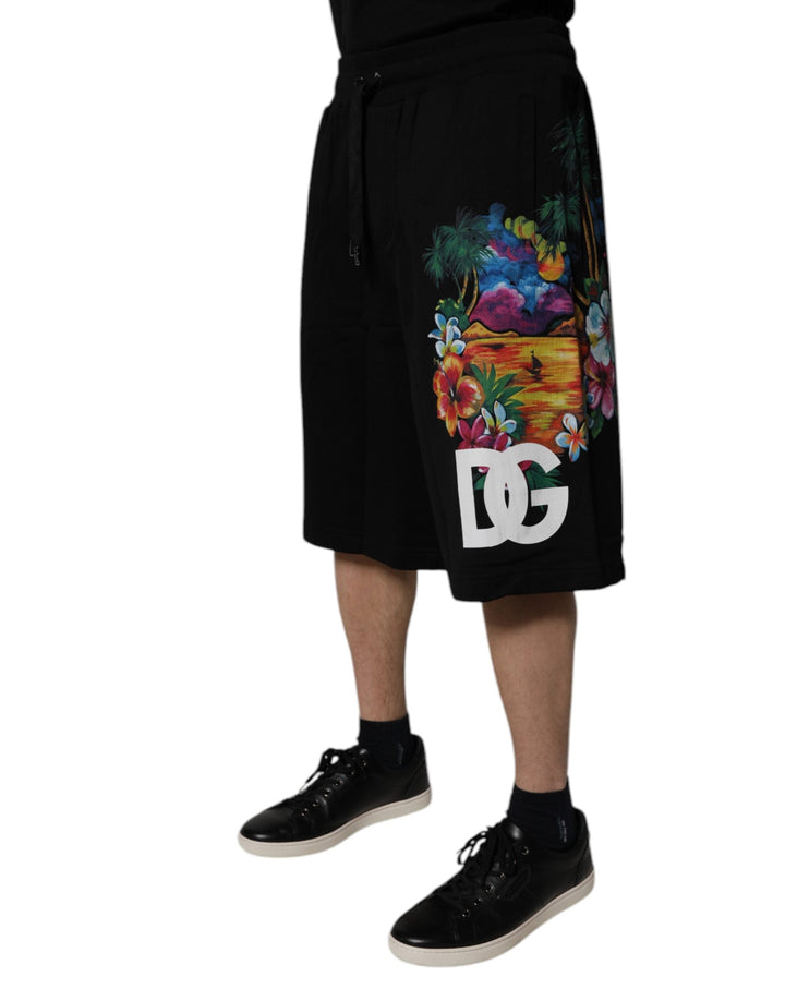 Men’s Dolce &amp; Gabbana Black Cotton Logo Floral Print Bermuda Shorts