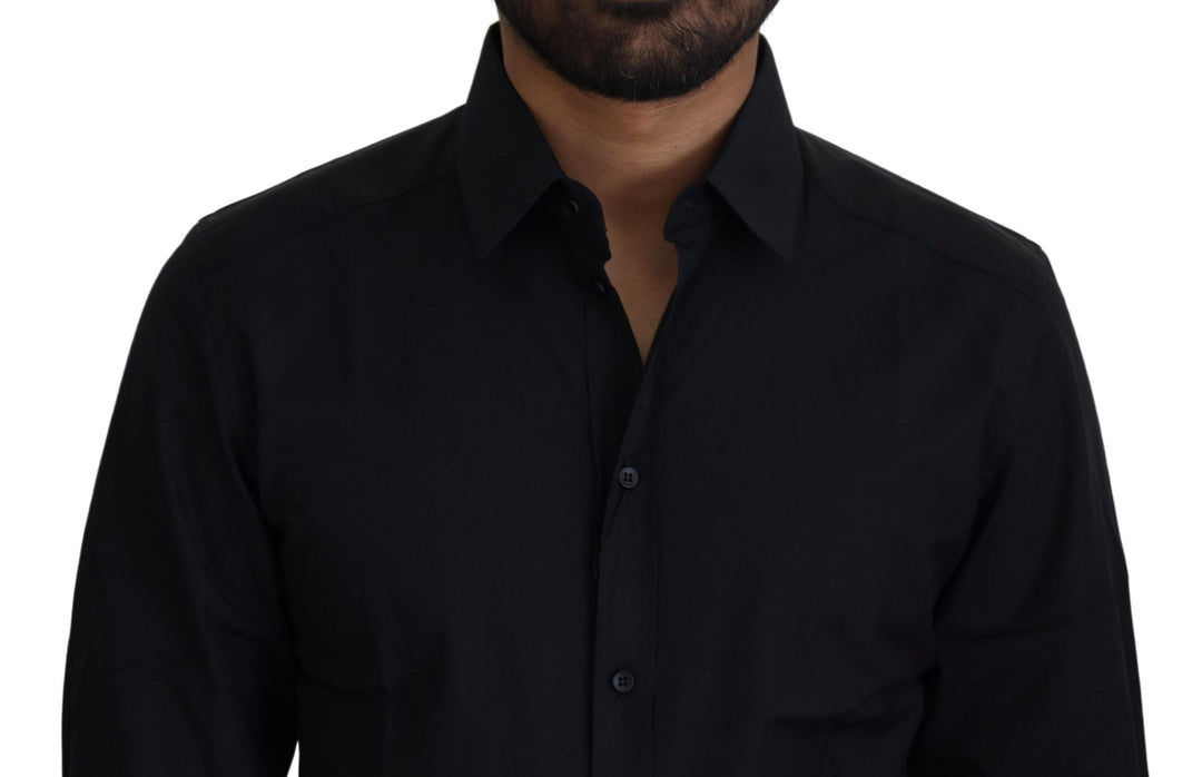 Dolce &amp; Gabbana Black Cotton Slim Fit Formal Dress Gold Shirt