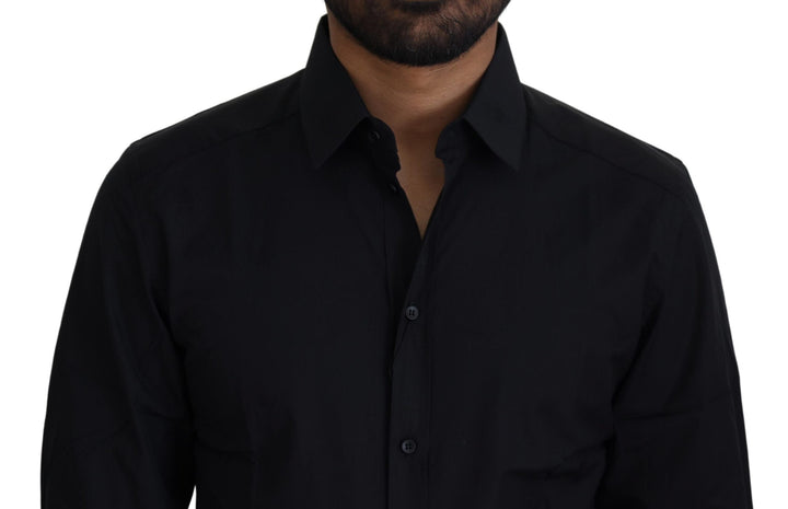 Dolce &amp; Gabbana Black Cotton Slim Fit Formal Dress Gold Shirt