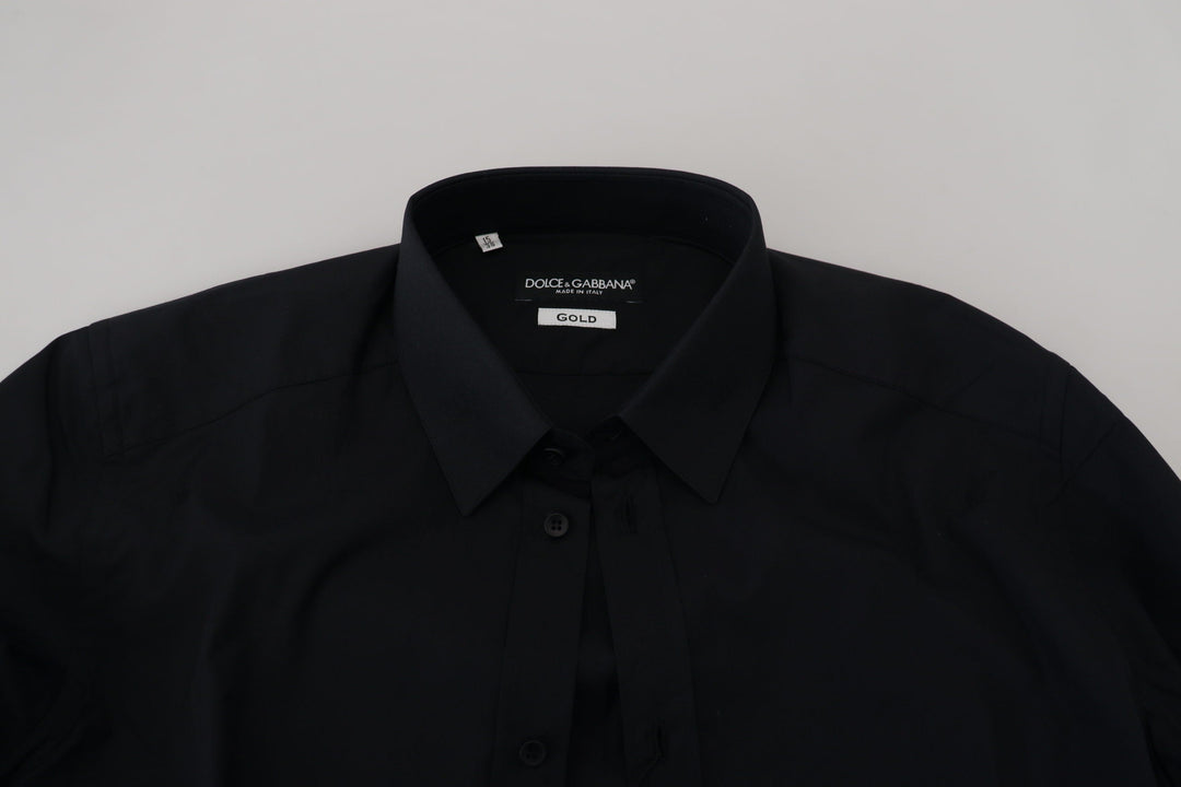 Dolce &amp; Gabbana Black Cotton Slim Fit Formal Dress Gold Shirt