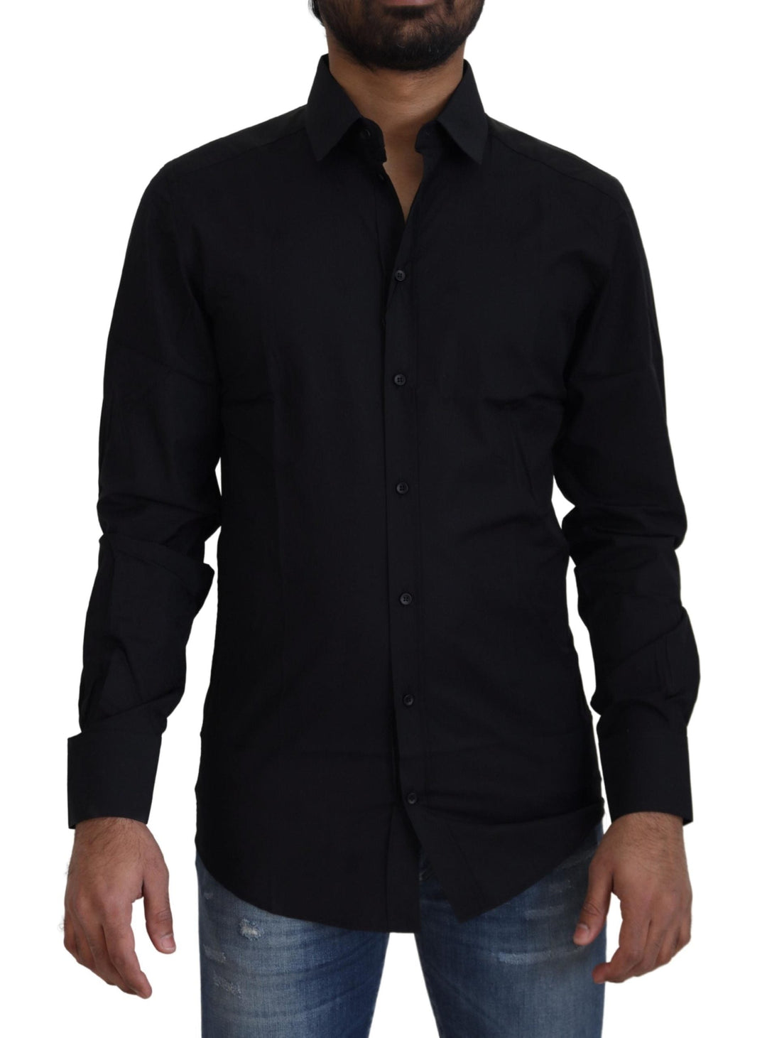 Dolce &amp; Gabbana Black Cotton Slim Fit Formal Dress Gold Shirt