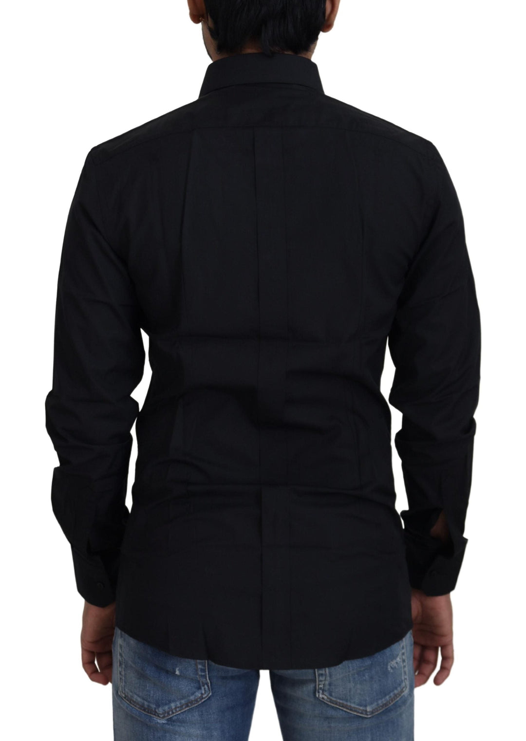 Dolce &amp; Gabbana Black Cotton Slim Fit Formal Dress Gold Shirt