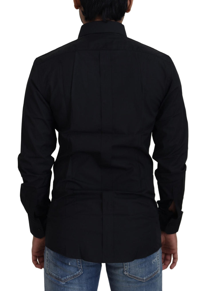 Dolce &amp; Gabbana Black Cotton Slim Fit Formal Dress Gold Shirt