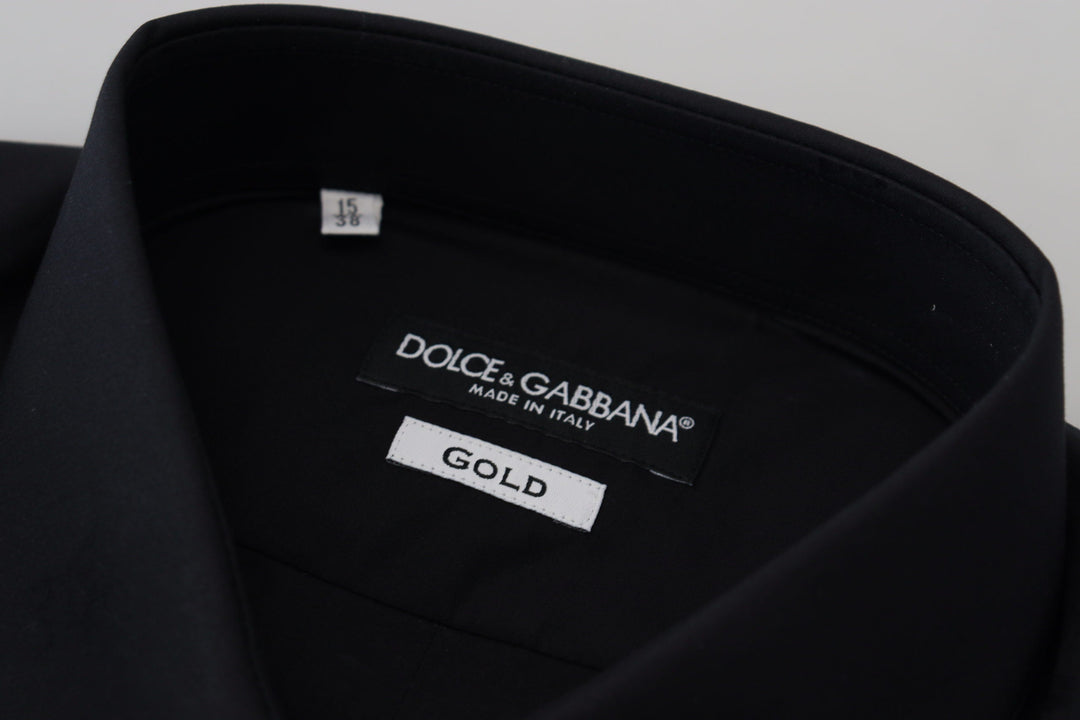 Dolce &amp; Gabbana Black Cotton Slim Fit Formal Dress Gold Shirt