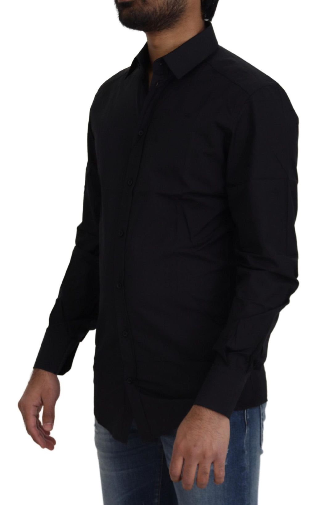 Dolce &amp; Gabbana Black Cotton Slim Fit Formal Dress Gold Shirt