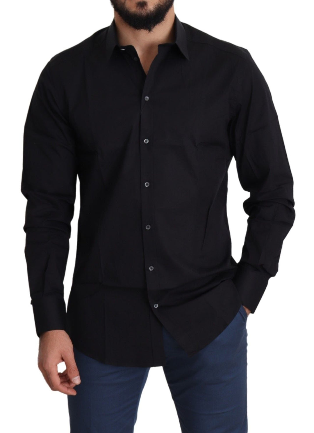 Men’s Dolce &amp; Gabbana Black Cotton Stretch Formal Gold Dress Shirt