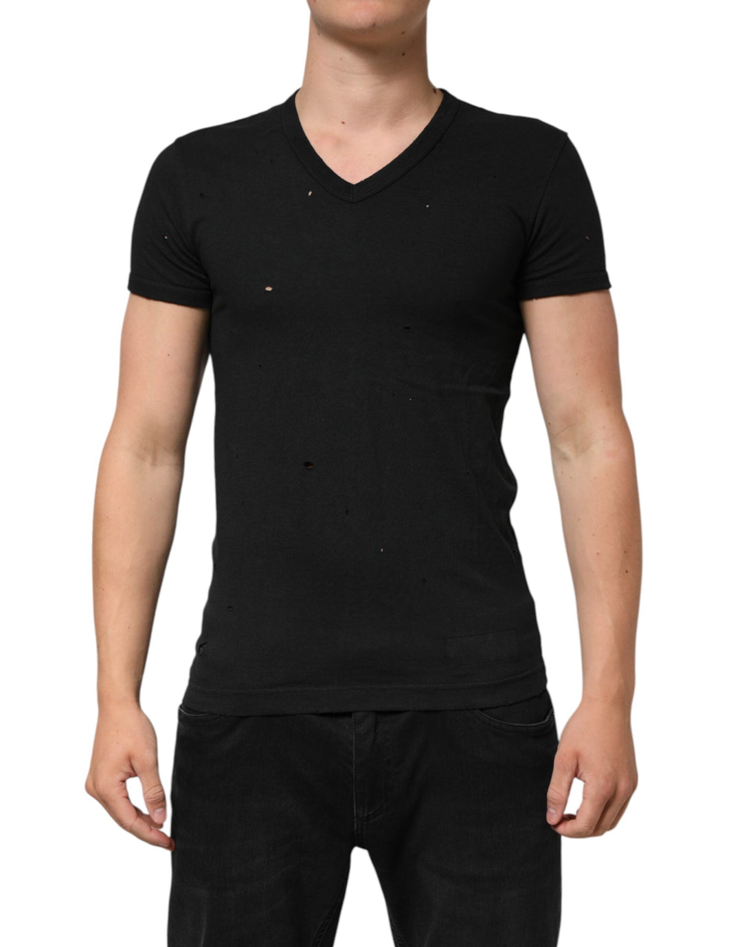 Dolce &amp; Gabbana Black Cotton Tattered Logo V-neck Men T-shirt