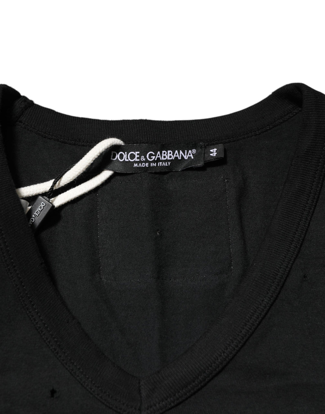 Dolce &amp; Gabbana Black Cotton Tattered Logo V-neck Men T-shirt