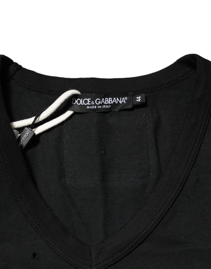 Dolce &amp; Gabbana Black Cotton Tattered Logo V-neck Men T-shirt