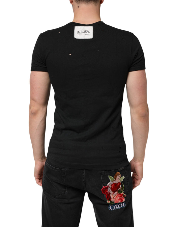 Dolce &amp; Gabbana Black Cotton Tattered Logo V-neck Men T-shirt