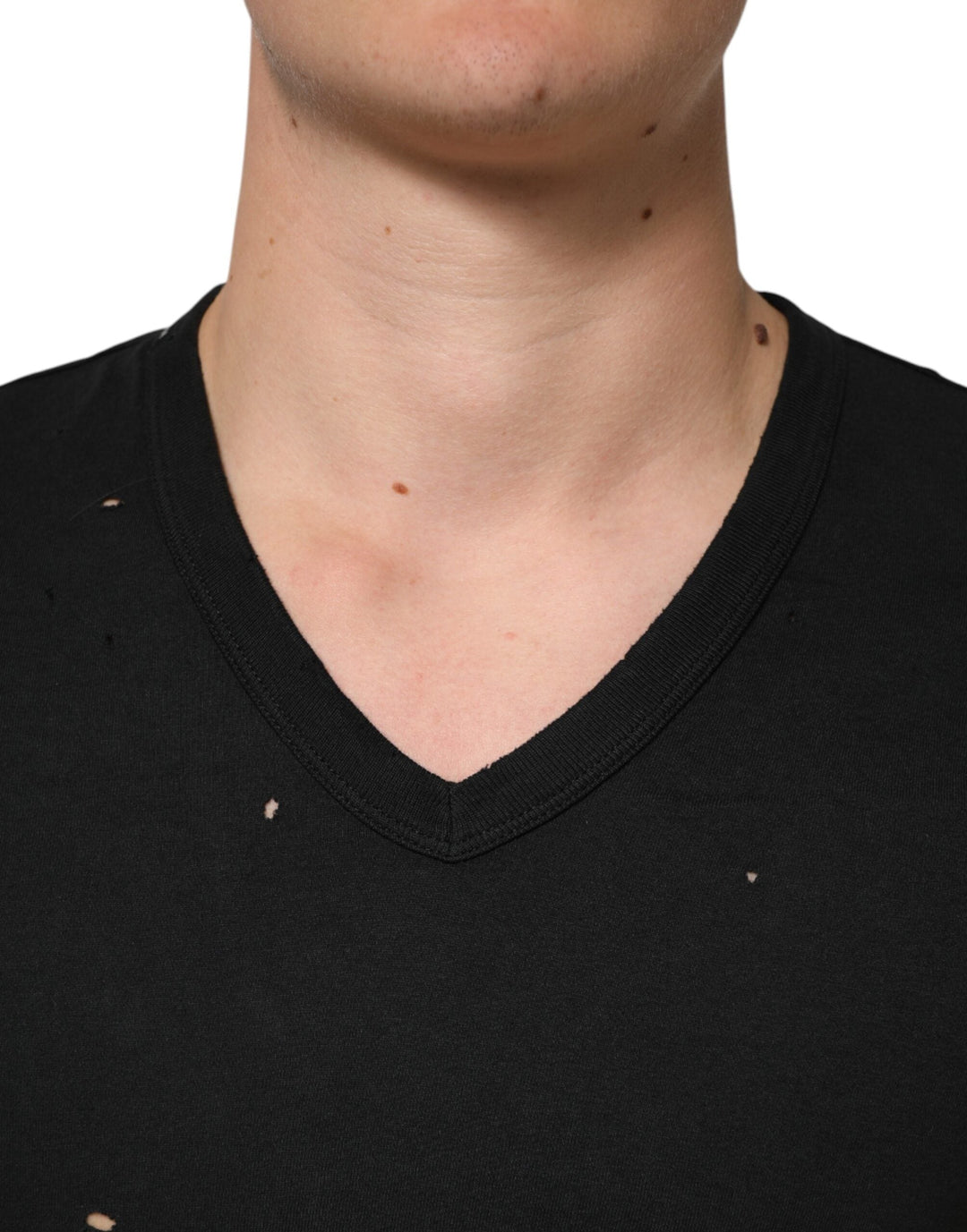 Dolce &amp; Gabbana Black Cotton Tattered Logo V-neck Men T-shirt