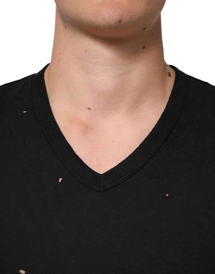 Dolce &amp; Gabbana Black Cotton Tattered Logo V-neck Men T-shirt