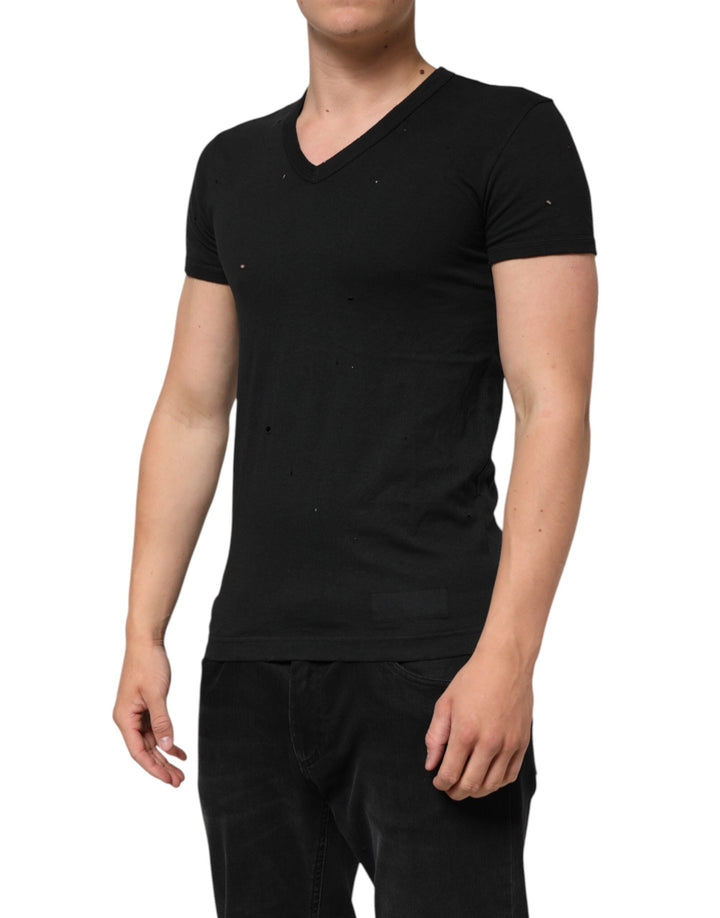 Dolce &amp; Gabbana Black Cotton Tattered Logo V-neck Men T-shirt