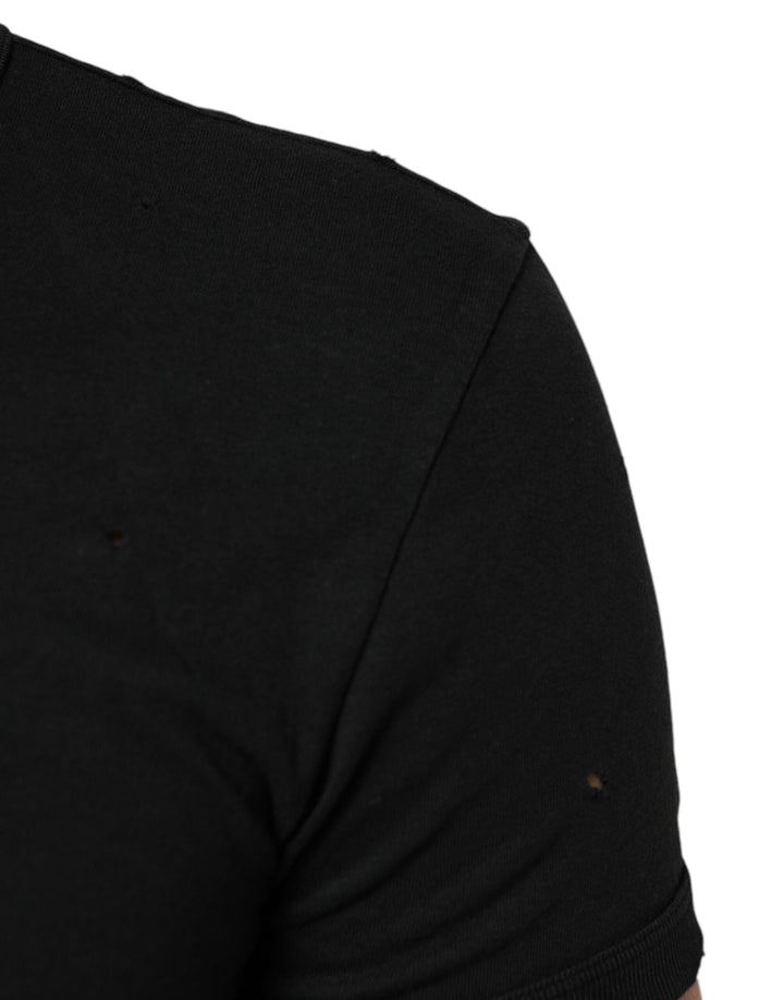 Dolce &amp; Gabbana Black Cotton Tattered Logo V-neck Men T-shirt