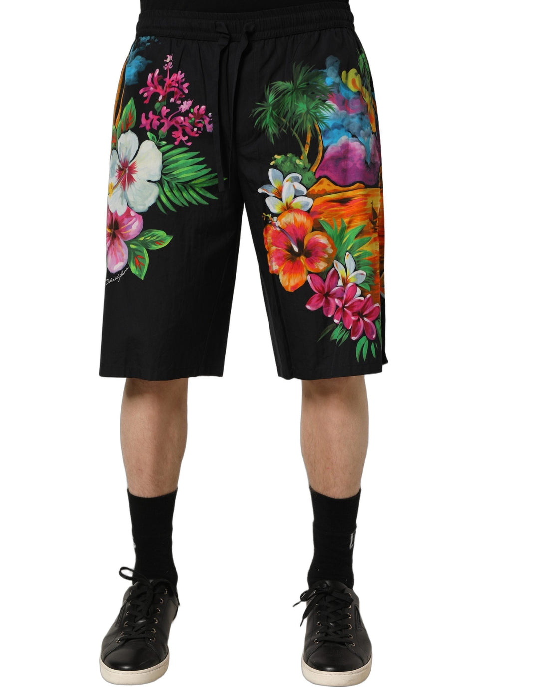 Men’s Dolce &amp; Gabbana Black Cotton Tropical Floral Bermuda Shorts