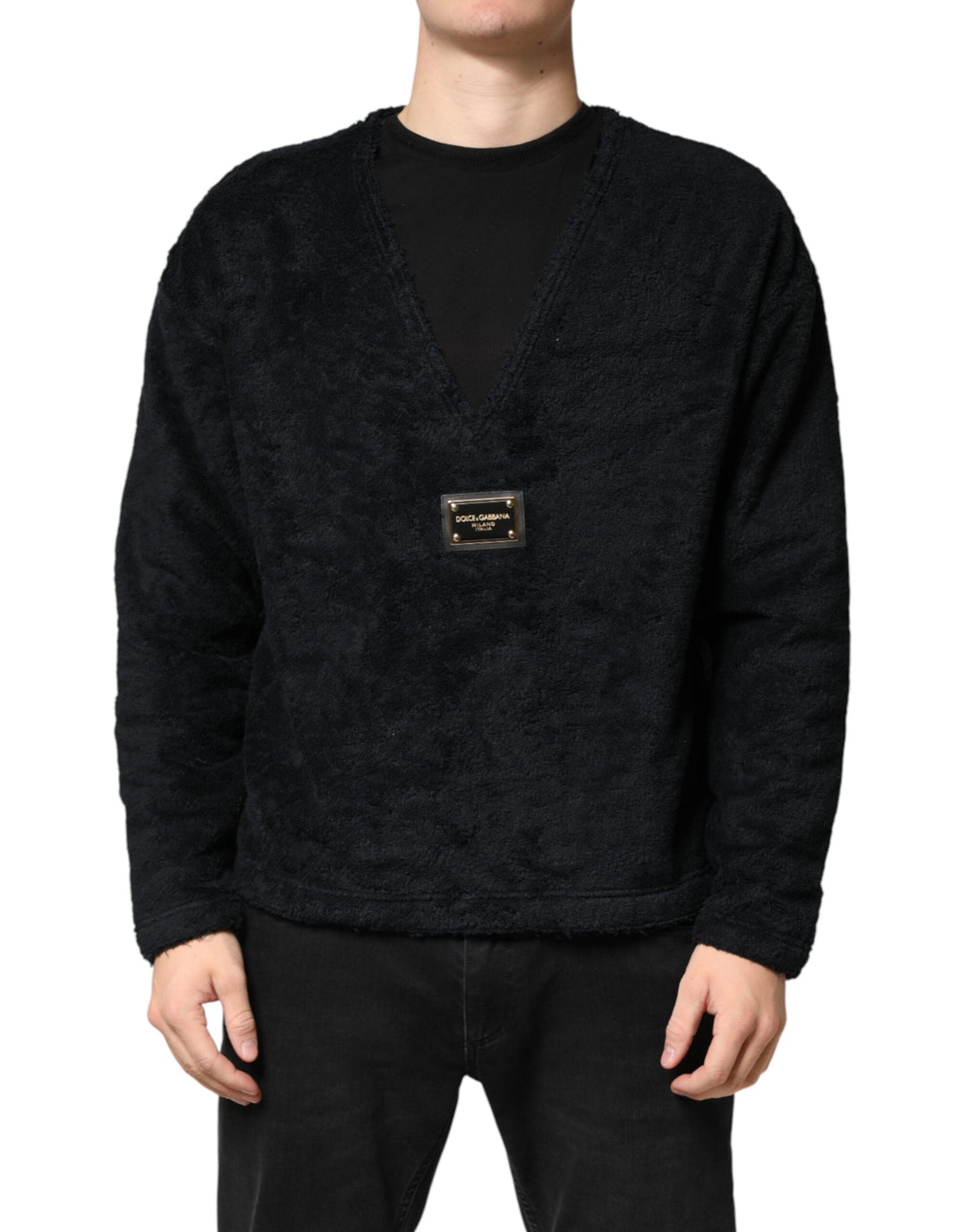 Men’s Dolce &amp; Gabbana Black Cotton V-neck Men Sweatshirt Sweater