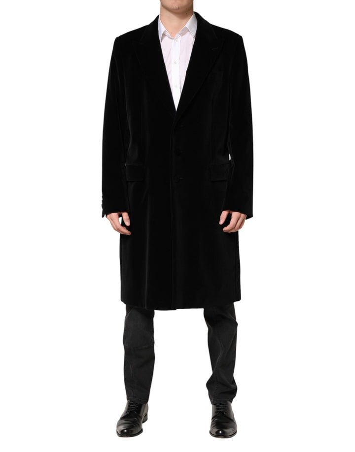 Men’s Dolce &amp; Gabbana Black Cotton Velvet Long Trench Coat Jacket