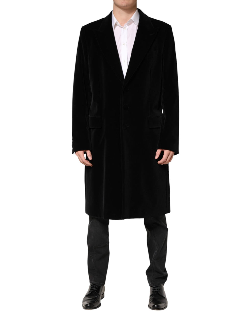 Men’s Dolce & Gabbana Black Cotton Velvet Long Trench Coat Jacket