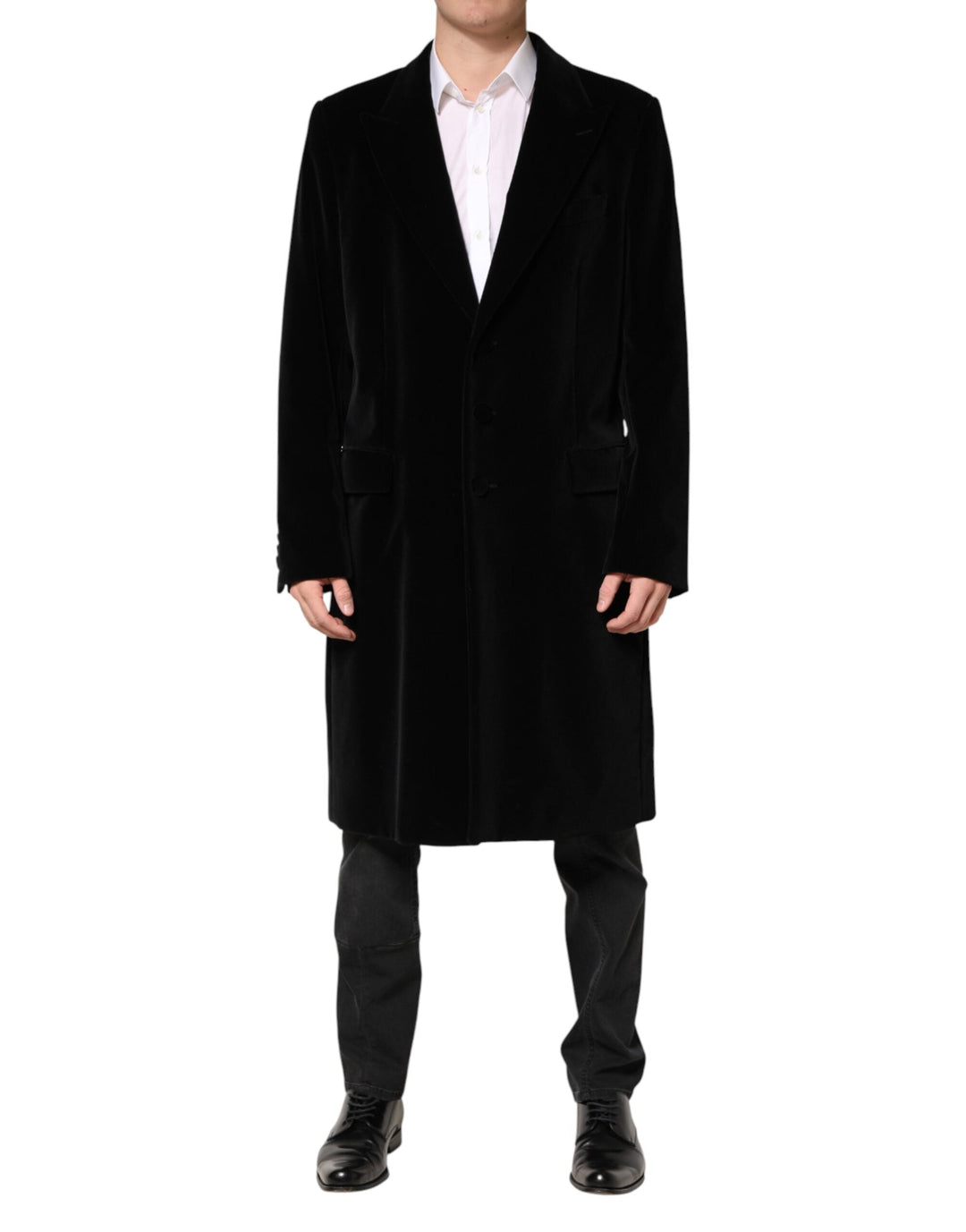 Men’s Dolce &amp; Gabbana Black Cotton Velvet Long Trench Coat Jacket