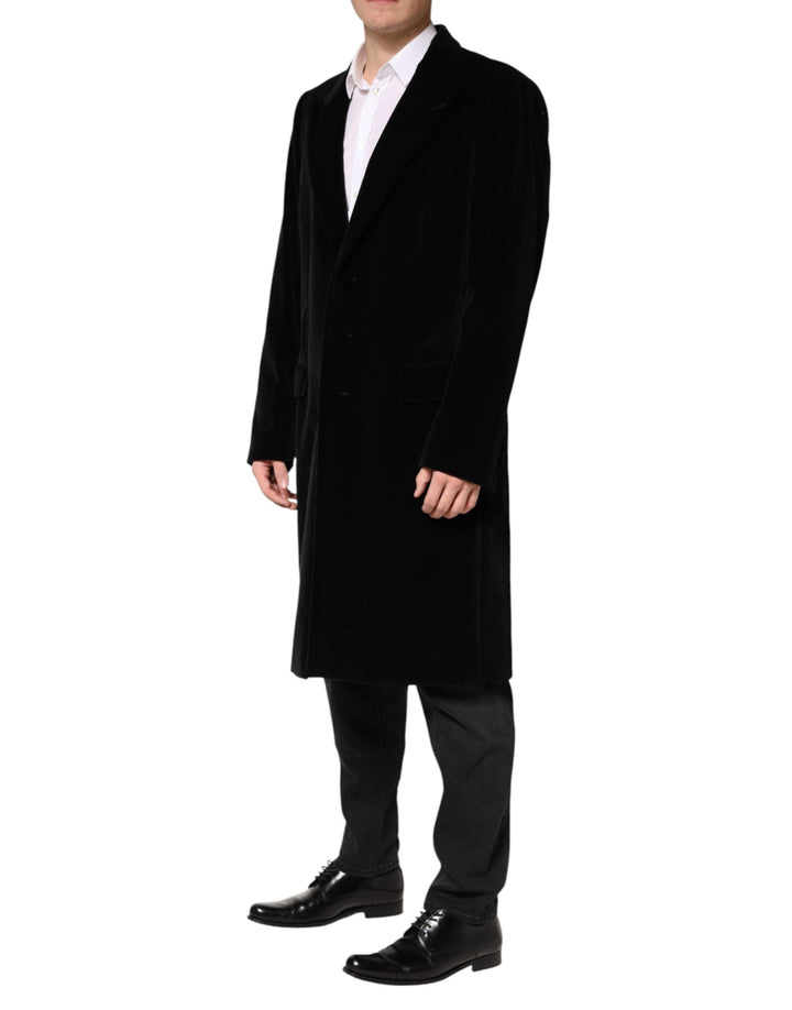 Men’s Dolce &amp; Gabbana Black Cotton Velvet Long Trench Coat Jacket