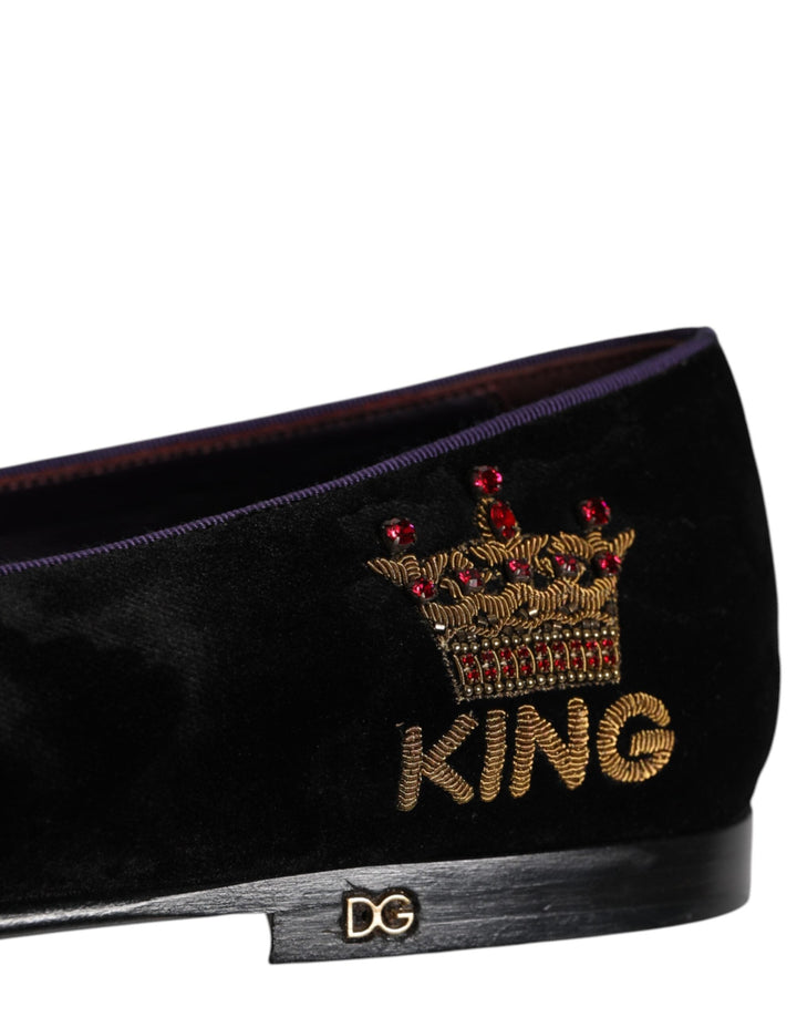 Men’s Dolce &amp; Gabbana Black Dg Crown Embroidery Loafers Slip on Shoes