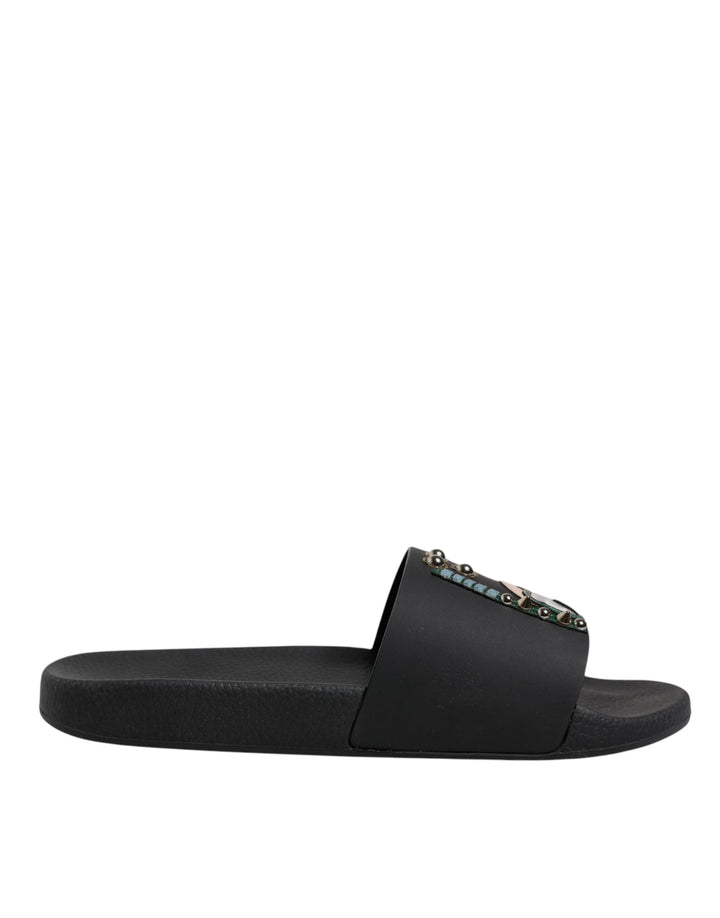 Men’s Dolce &amp; Gabbana Black Divers Leather Flats Slides Sandals Beachwear Shoes