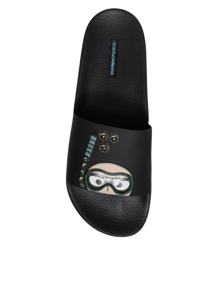 Men’s Dolce &amp; Gabbana Black Divers Leather Flats Slides Sandals Beachwear Shoes