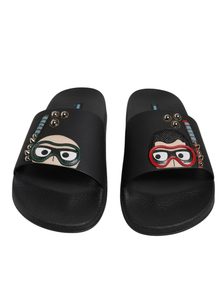 Men’s Dolce &amp; Gabbana Black Divers Leather Flats Slides Sandals Beachwear Shoes