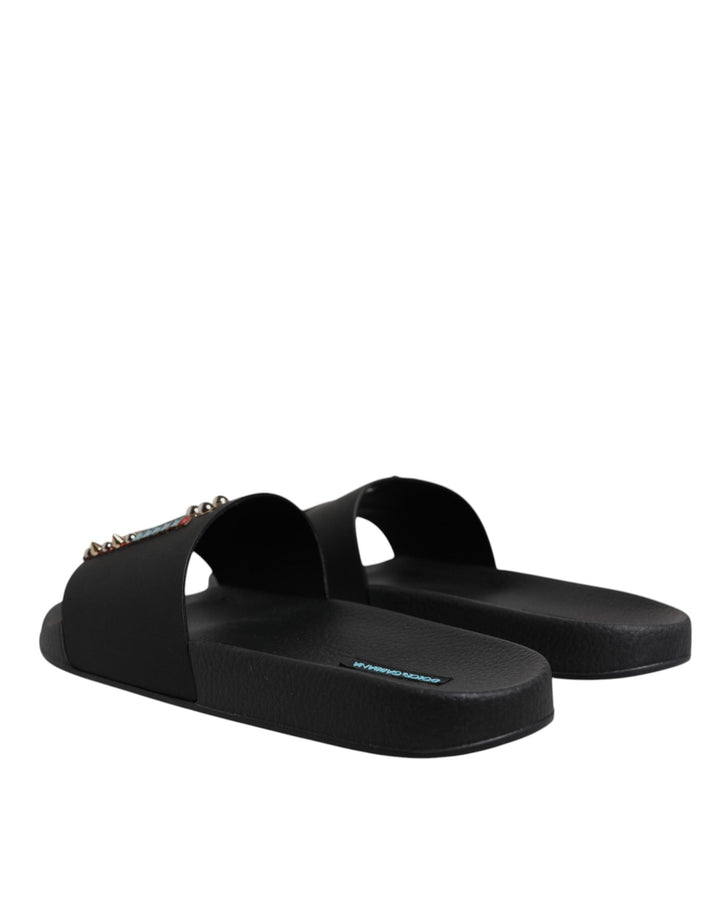Men’s Dolce &amp; Gabbana Black Divers Leather Flats Slides Sandals Beachwear Shoes