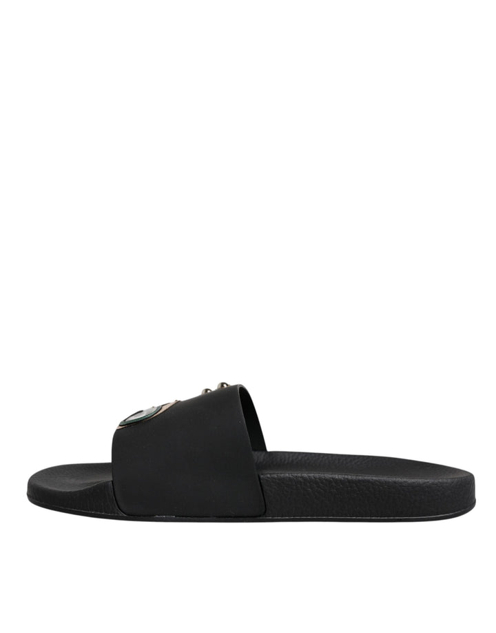 Men’s Dolce &amp; Gabbana Black Divers Leather Flats Slides Sandals Beachwear Shoes