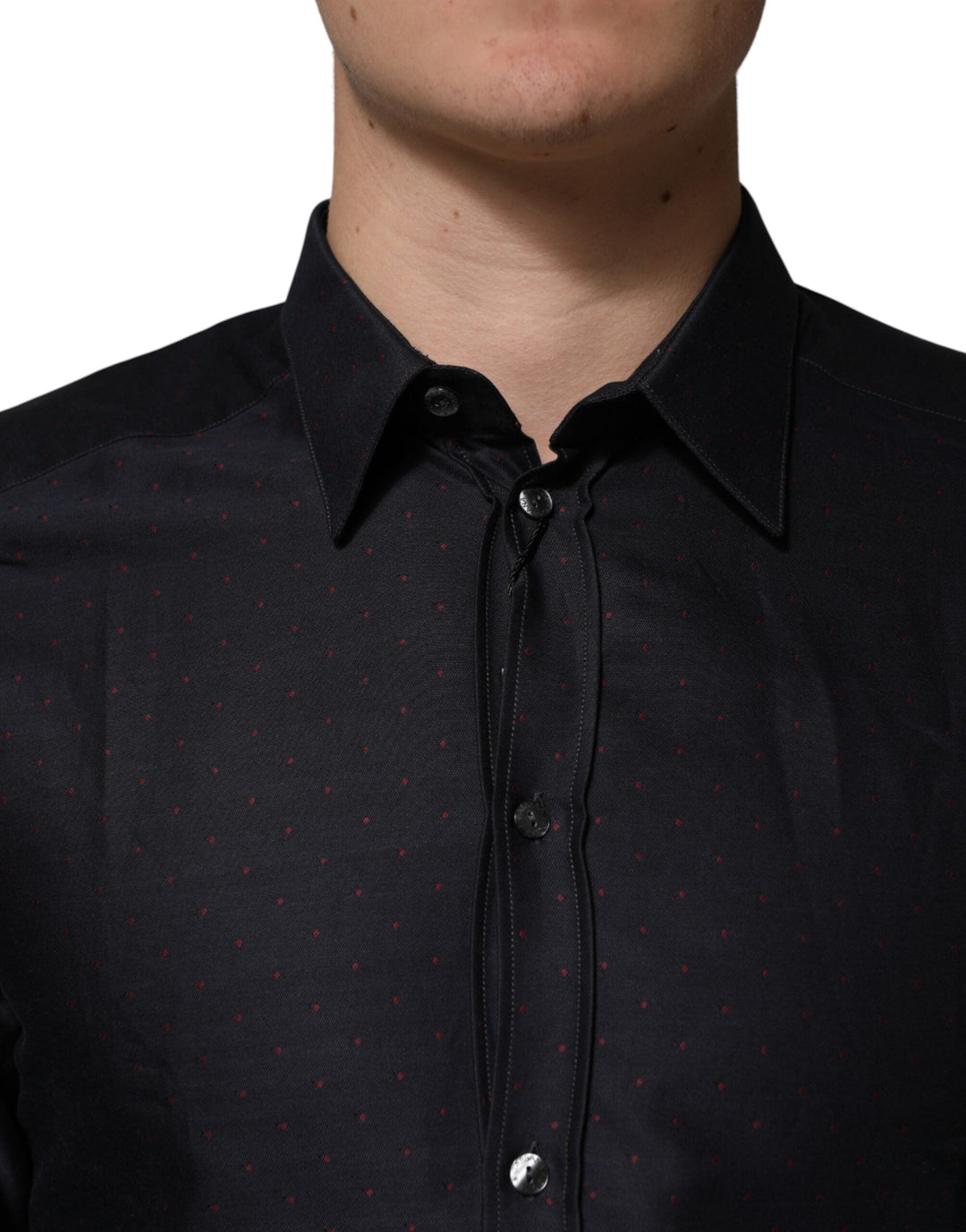 Men’s Dolce &amp; Gabbana Black Dotted Cotton Collared Gold Dress Shirt